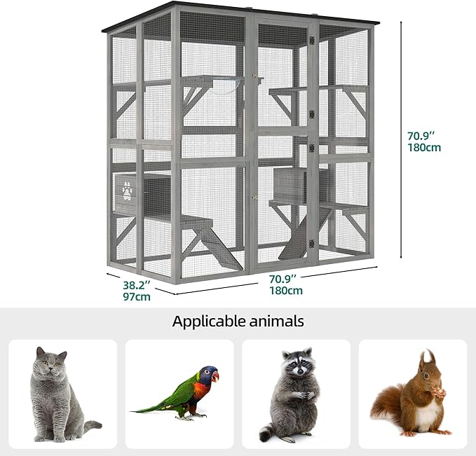 YITAHOME Catio Outdoor Cat Enclosure Large, Tall Wooden Cat House with Weatherproof Asphalt Roof, Cat Cage Playpen with Multiple Platforms & 2 Resting Boxes, 70.9" L x 38.2" W x 70.9" H