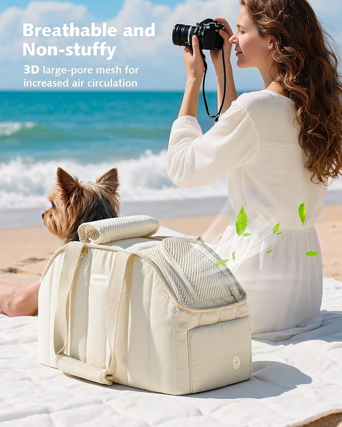 Pecute Dog Purse Carrier, Lightweight Dog Carriers for Small Dogs with Large Pockets, Dog Soft-Sided Carriers up to 9lbs, Pet Carrier for Puppy Cat Rabbit, Suitable for Travel, Subway, Cream