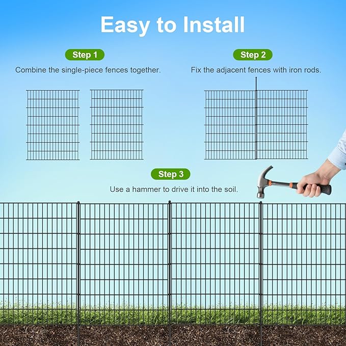 Land Guard 20-Panels No Dig Decorative Fence 40 in(H) x 50 ft(L), Tall Garden Fence Animal Barrier, Removable Fence for Garden, Rustproof Metal Animal Barrier Ground Stakes Fencing