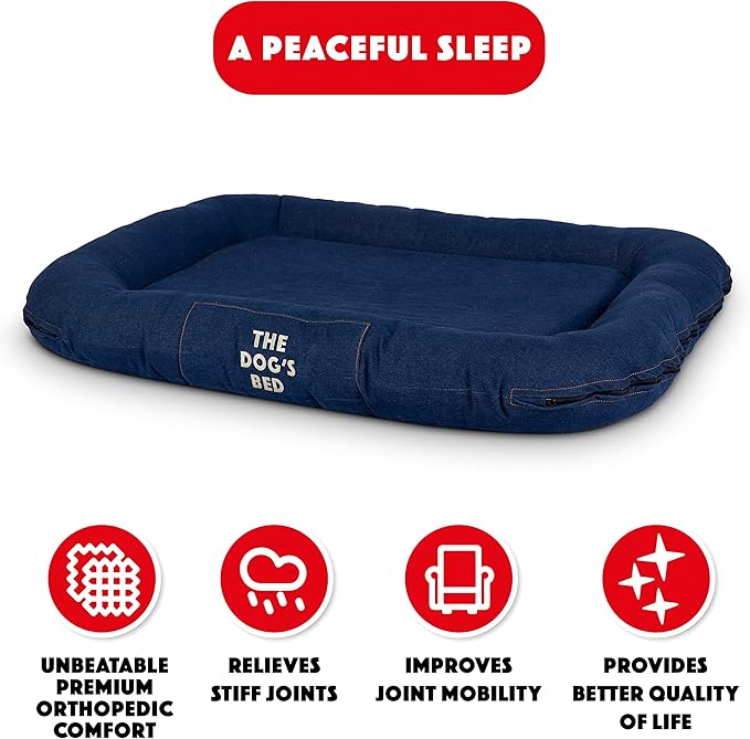 The Dog's Bed Utility Waterproof Dog Beds, Large, Durable Blue Denim Fabric, Tough YKK Zippers, Washable Reversible Cover, for Home, Car, Crate & Yard, Puppy & All Pet Comfort, Veterinary Approved