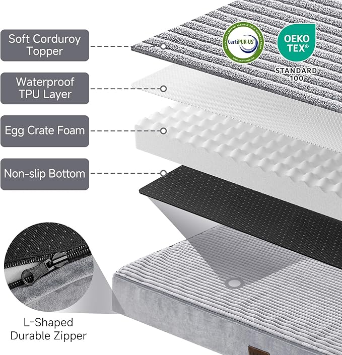 OhGeni Orthopedic Waterproof & Machine Washable Dog Bed for Extra Large Pets, Wider & Larger Size, Cat Mat with 25D Egg Crate Foam, Removable Cover, 54 Inches(Gray)