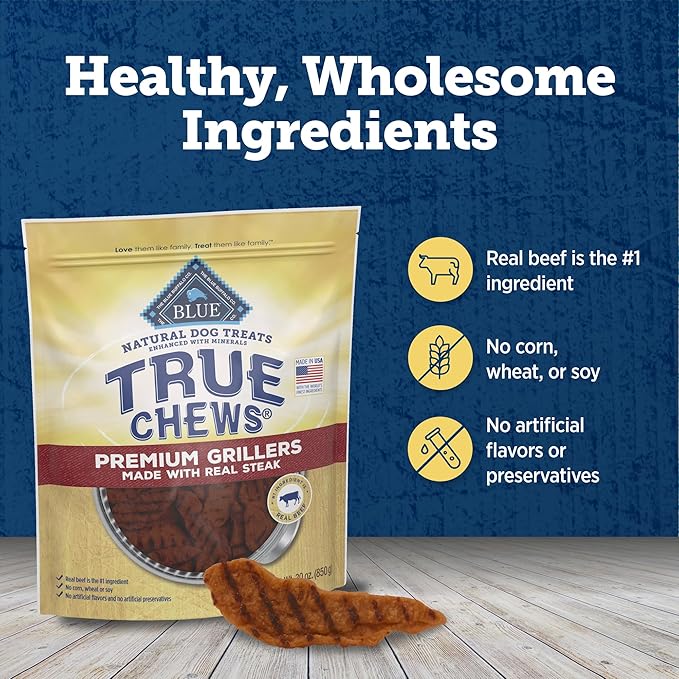 Blue Buffalo True Chews Premium Grillers Dog Treats, Made in The USA with Natural Ingredients, Steak, 10-oz Bag