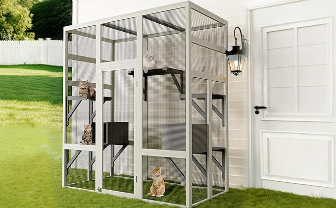 70-Inch Large Catio Enclosure, UV-Protected, Wooden Frame and Rust-Resistant Steel Mesh, Cat House with 2 Lounging Boxes and Platforms, for Patio or Backyard