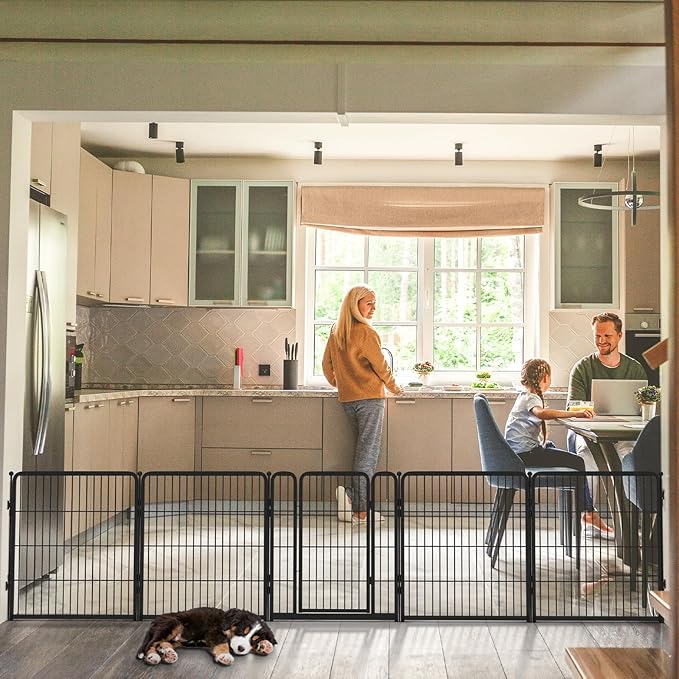 FXW Dog Gate Extra Wide Designed for Indoor Use, Adjustable Width Up to 165-inch Wide (32" H 6 Wire Panels for Small and Medium Dogs), Black