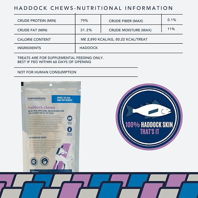 Momentum Carnivore Nutrition Haddock Dog Chews – Single Ingredient Icelandic Haddock Skin Treats – Natural Dental Support, High-Protein Fish – Healthy Long-Lasting Chews for Dogs - 3.1 oz Bag