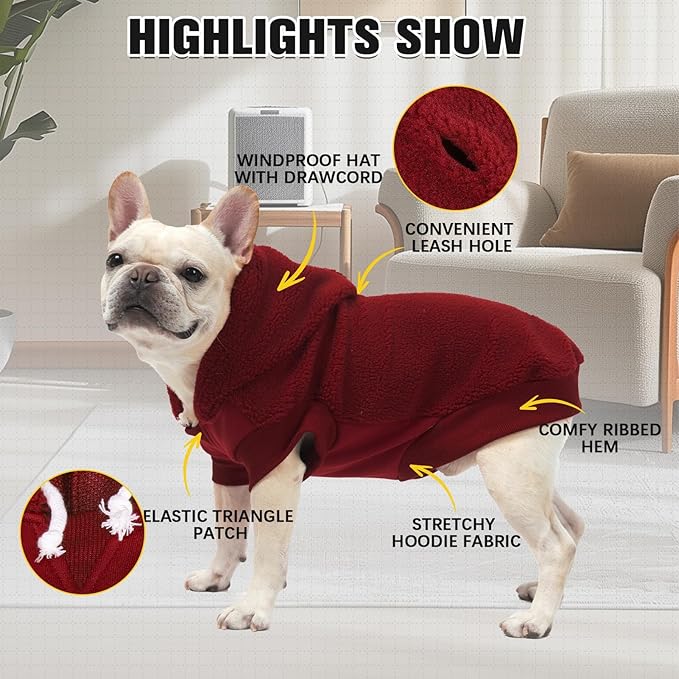 BINGPET Dog Hoodie Sweater with Leash Hole, Warm Fleece Dog Sweatshirt, Winter Coat for Puppy, Small Medium Large Dogs, Boy and Girl (Red, S)