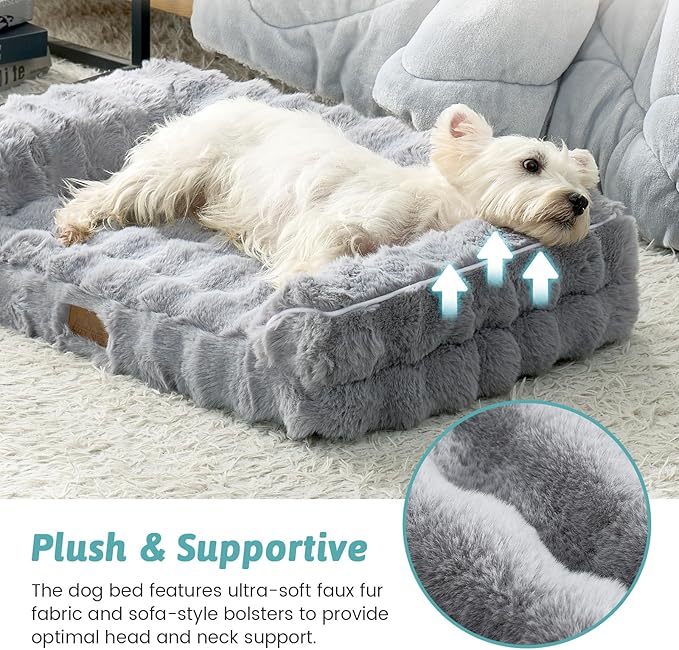 Faux Fur Orthopedic Dog Bed, Dog Bed for Large Size, Supportive Foam Pet Sofa with Waterproof Lining Cover, Washable U-Shaped Pet Couch with Anti-Slip Bottom, Grey L 36x27x6.5 inch