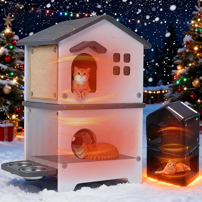 Rockever Outdoor Cat House with Insulated Liner, 100% Insulated Cat Houses for Winter Outside, 2 Story Waterproof Cat House For Outdoor Cats, Sturdy Stainless Steel Bowl & Scratching Post,Clean Easily