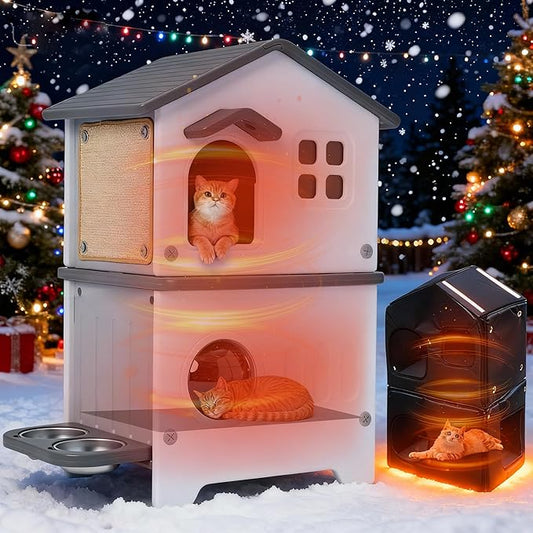 Rockever Outdoor Cat House with Insulated Liner, 100% Insulated Cat Houses for Winter Outside, 2 Story Waterproof Cat House For Outdoor Cats, Sturdy Stainless Steel Bowl & Scratching Post,Clean Easily