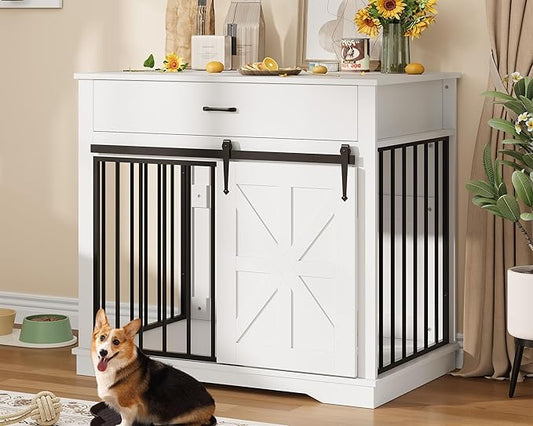 37.8" Dog Crate Furniture for Small Medium Dogs, 2-in-1 Iron-Wood Fusion Dog Cage Indoor As Side End Table, Farmhouse Dogs Kennel with Sliding Barn Doors & Drawer, White