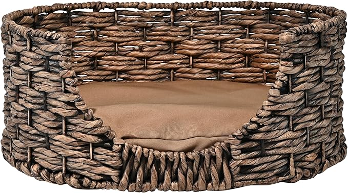 DBD4001B Perri 24" x 18" Classic Farmhouse Handwoven Hyacinth Oval Pet Bed with Machine-Washable Cushion, Brown