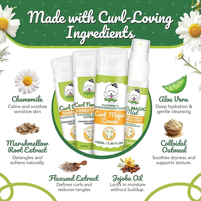 Curly Dog Grooming Kit – Travel-Size Shampoo, Conditioner, Curl Cream & Curl Refresh Detangler Spray, for Doodle, Poodle & Curly Coats, TSA-Friendly Gift Bundle (Chamomile)