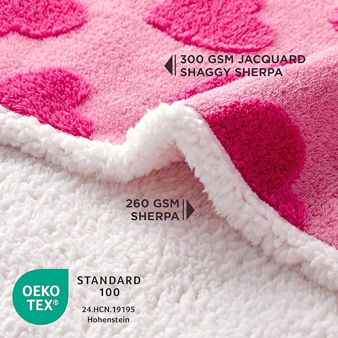 LE SURE Waterproof Puppy Blanket for Large Dogs - Washable Double Sided Dog Blankets with Warm Jacquard Shag and Soft Sherpa Fleece, Pet Cat Blanket for Couch Protection, Love Pattern Design，Pink