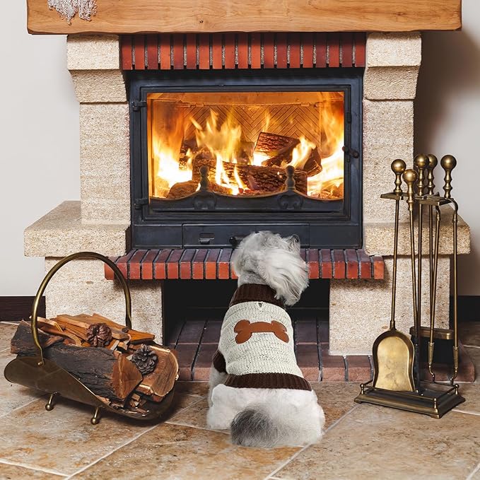 BINGPET Turtle Neck Dog Sweater - Brown Bone Pattern - Puppy Winter Warm Cloth for Small Medium Large Dogs