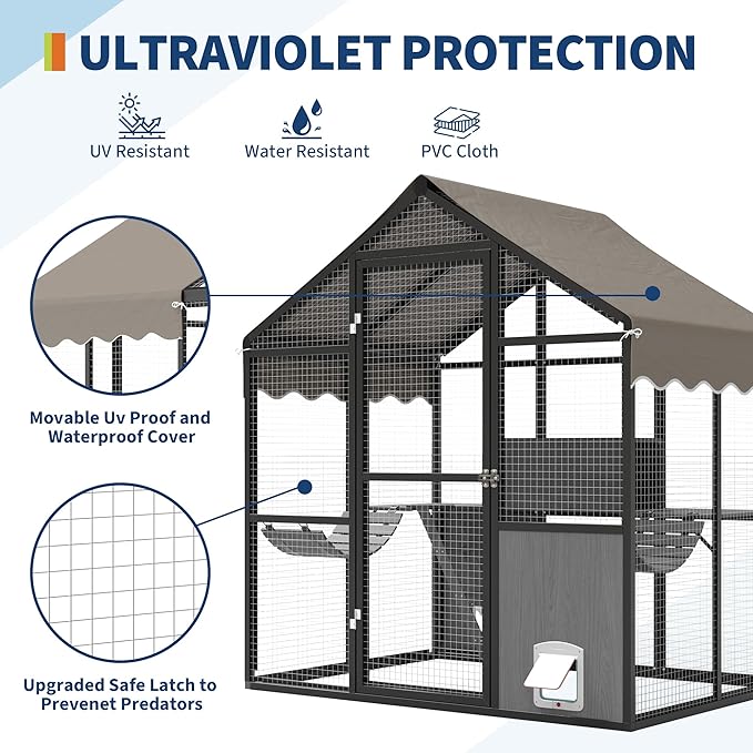 Large Outdoor Cat Enclosure for Multiple Cats - Weatherproof Catio with UV Cover, Platform & Side Door