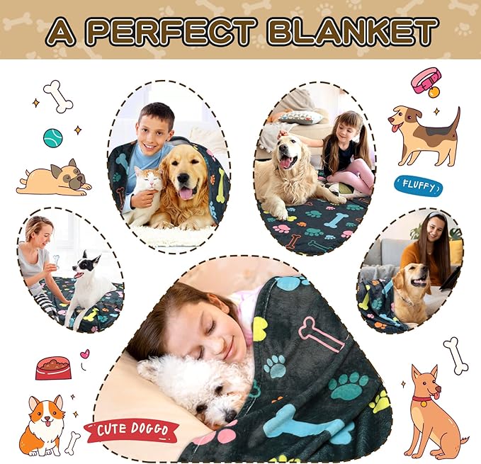 Rezutan Dog Blankets for Large Dogs, Medium Dog Blanket Soft Fluffy Premium Fleece Flannel Throw for Pet Puppy Cat Paw Blanket, Black Grey, 50x60 inch