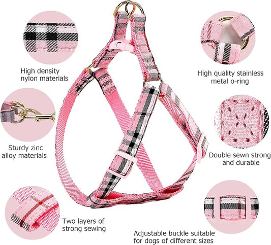 Cute Plaid Dog Collar Harness and Leash with Safety Buckle - Adjustable and No Pull Comfortable Dog Collars for Small Puppy, Stylish Durable Gift for Boy Girl Pets