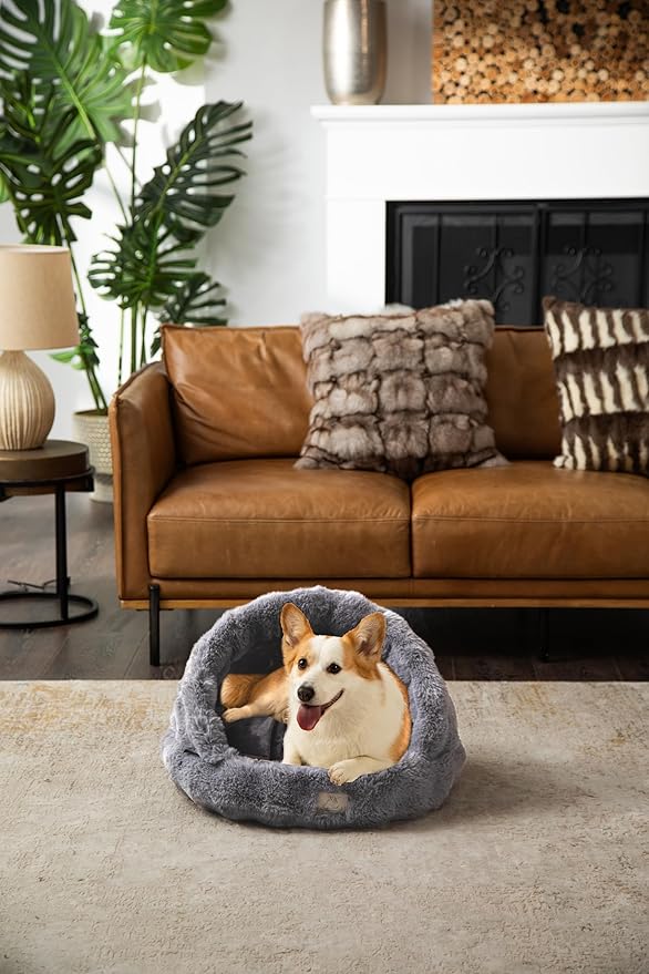 Furry's Paradise Rabbit Faux Fur Slipper Pet Bed with Recycled Fibers, Bolsters, Reversible Cushion, Waterproof Liners, and Removable Washable Cover. (Gray)