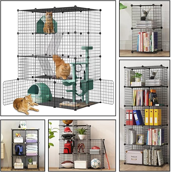 Large Cat Cage Enclosure Indoor DIY Cat Playpen Pet Home Small Animal House Detachable Metal Wire Kennels Crate Large Exercise Place Ideal for 1-3 Cat (Black, 41.3" Lx28 Wx55 H, 1)