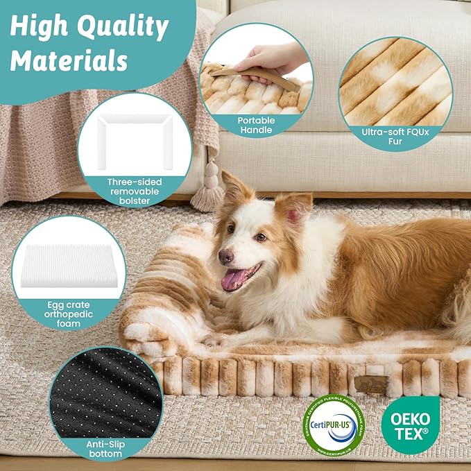 Cute Dog Bed for Large Dogs, Faux Fur Orthopedic Foam Dog Bed with Sides, Removable Washable Cover & Waterproof Lining, Comfortable Pet Couch, Tie-Dye Brown (44" L x 32" W x 7" Th)