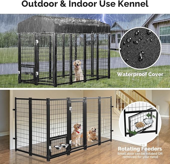 Sino Luban Outdoor Dog Kennel Outside Run with Doggy Door, Swivel Feeder&Roof - 8x4x6FT Large Dog Kennels Pens Outside for Large Dogs Breed- Heavy Duty Cage Yard (Can Connect to Your Dog House)