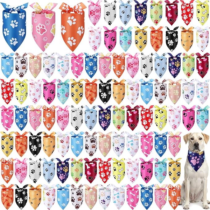 Abbylike 100 Pcs Paw Print Dog Bandanas Bulk Soft Triangle Kerchief Bibs Scarf Set for Pets Dogs Walking Photo Props Pets Shops Adoption Events Party Costume (31.5 x 21.7 x 21.7 Inch)