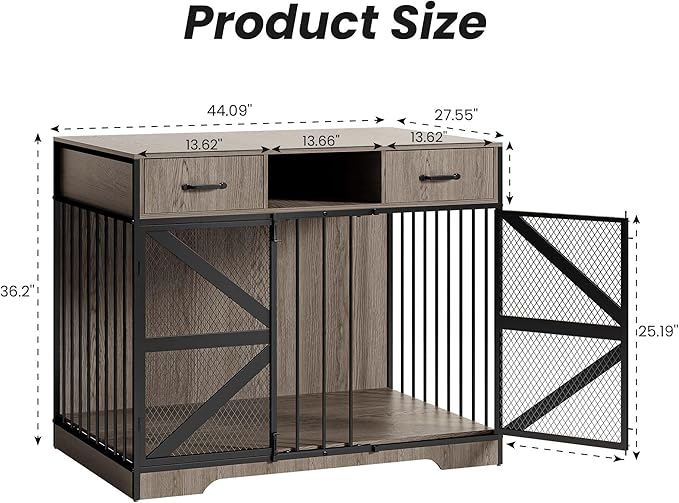 44" Large Dog Crate Furniture, Wooden Heavy Duty Dog Kennel TV Stand with 2 Drawers, Indoor Multi-Functional Decorative XL Furniture for Medium & Large Breeds, Grey