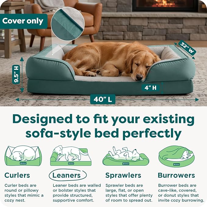 FurHaven Dog Bed Cover Replacement, Sofa-Style Design with Soft, Breathable Fabric for Cozy Comfort, Machine Washable, Jumbo/XL, Plush & Velvet Waves, Celadon Green
