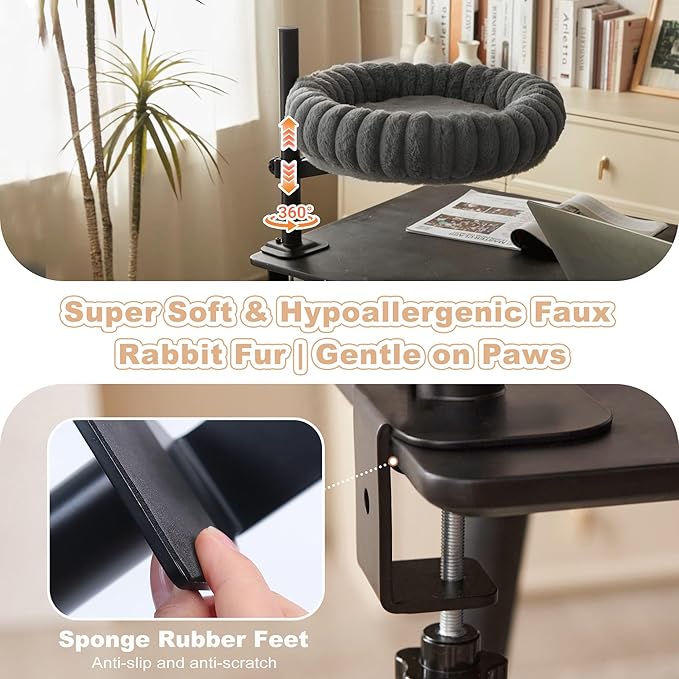 Dogpals 360° Rotating Cat Bed for Desk, Height Adjustable Cat Perch with Semi-Enclosed Design & Removable Cushion, No-Drill Clamp fits up to 1.18" Desk, Supports 9lbs for Office, Gaming Table