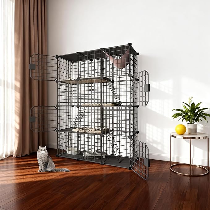 Large Cat Cage Enclosure Indoor DIY Cat Playpen Pet Home Small Animal House Detachable Metal Wire Kennels Crate Large Exercise Place Ideal for 1-4 Cat (Black, 41.3" Lx14 Wx55 H, 1)