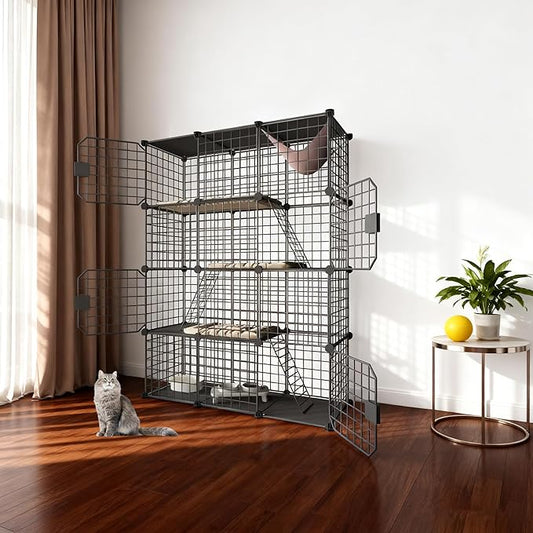 Large Cat Cage Enclosure Indoor DIY Cat Playpen Pet Home Small Animal House Detachable Metal Wire Kennels Crate Large Exercise Place Ideal for 1-4 Cat (Black, 41.3" Lx14 Wx55 H, 1)