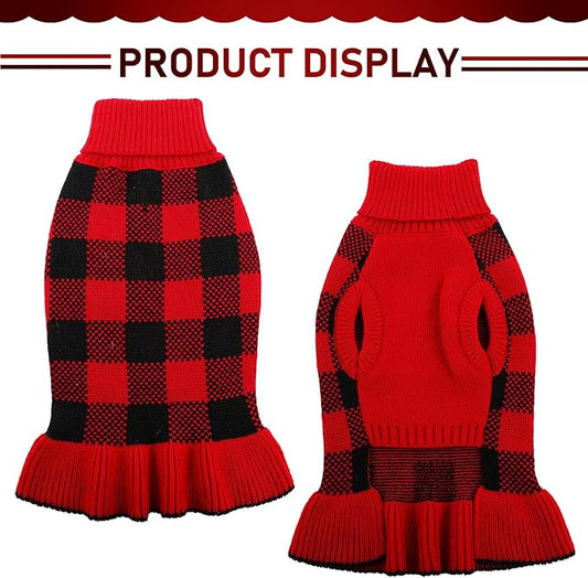 Dog Sweater Dress Plaid Knitwear for Small Medium Dogs Warm Puppy Pet Turtleneck Stretch Pullover Cute Fall Winter Vest Clothes with Leash Hole for Christmas (Red, M)