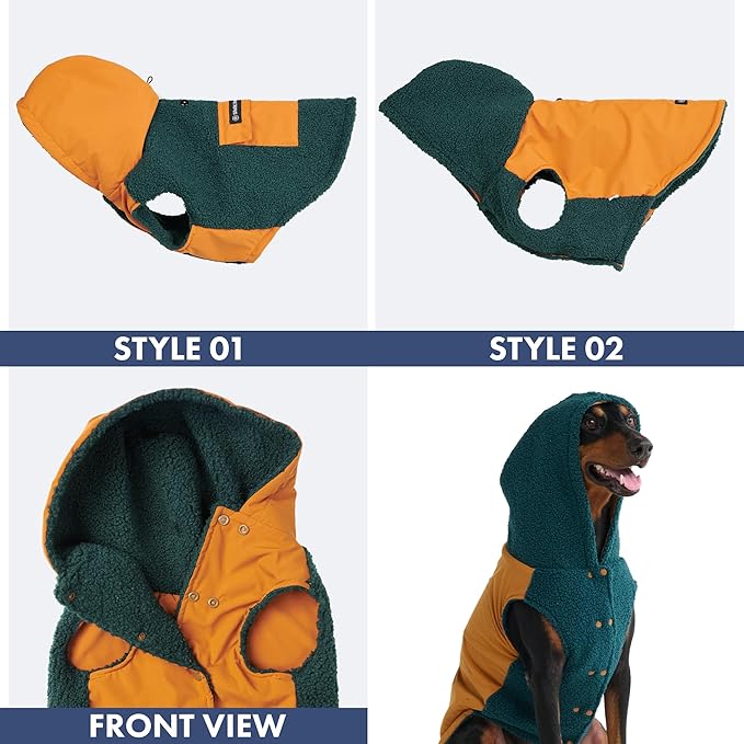 Spark Paws Reversible Fleece Dog Jacket, Hooded Sweater Vest, Warm Coat for Winter - Suitable for Small Medium Large XL XXL Dogs - Orange and Green - L