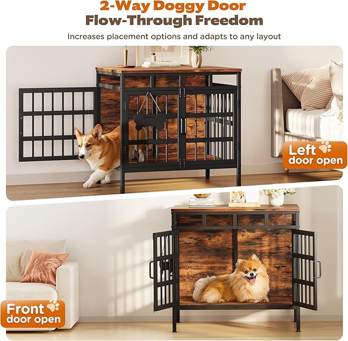 29 Inch Dog Crate Furniture, Heavy Duty Dog Kennel for Small or Medium Dogs, Double Doors Indoor Decor Pet House Cage, Anti Escape Wooden Dog Cage with Name Tag End Table, TV Stand, Brown