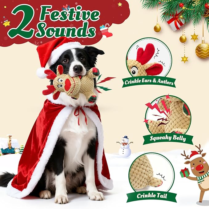 Christmas Dog Toys - Cute Reindeer Durable Squeaky Plush Dog Toy for Small, Medium & Large Dogs, Soft Xmas Gift for Pets