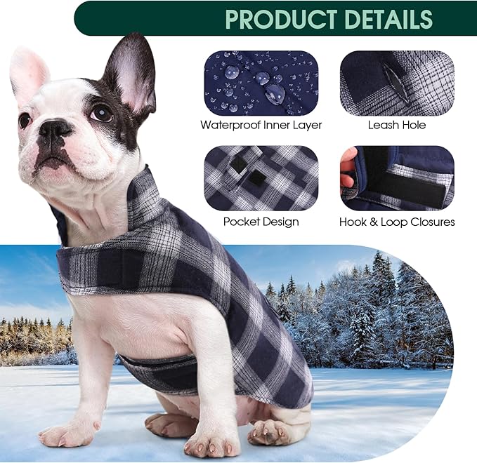 Kuoser Reversible Winter Coat, British Style Jacket for Medium and Large Dogs - Warm Windproof Puppy Cold Weather Clothes Vest, Blue L