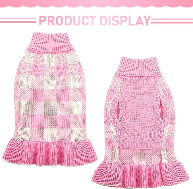 Dog Sweater Dress Plaid Knitwear for Small Medium Dogs Warm Puppy Pet Turtleneck Stretch Pullover Cute Fall Winter Vest Clothes with Leash Hole for Christmas (Pink, 2XL)