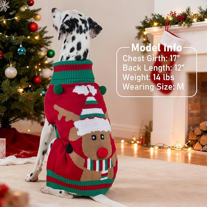 KYEESE Dog Christmas Sweater with Reindeer Pattern, Cozy Holiday Dog Sweater for Small Dogs, Doggie Knitwear with Leash Hole, Soft Warm Festival Pet Clothes, Large
