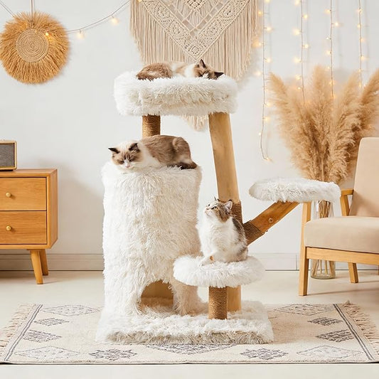 35-Inch Cat Tree for Indoor Cats, Multi-Level Tower with Sisal Posts, Dual Condos, Cushioned Perches & Removable Soft Cover, Natural Wood, Modern Cat Furniture for Large Cats, White