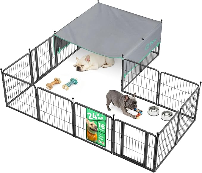 FXW Instant Unleashed Dog Playpen, Portable Pet Fence for Outdoor, RV Trips, and Camping, 24 inch, 16 Panels for Puppy and Small Dogs with Sun Shade│Patented