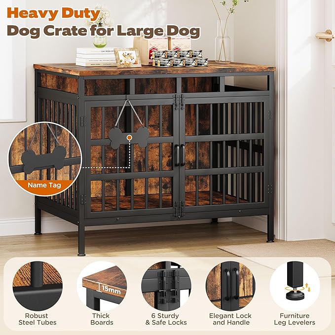 39 Inch Dog Crate Furniture, Heavy Duty Dog Kennel for Small Medium Large Dogs, Double Doors Indoor Decor Pet House Cage, Anti Escape Wooden Dog Cage with Name Tag End Table, TV Stand, Brown