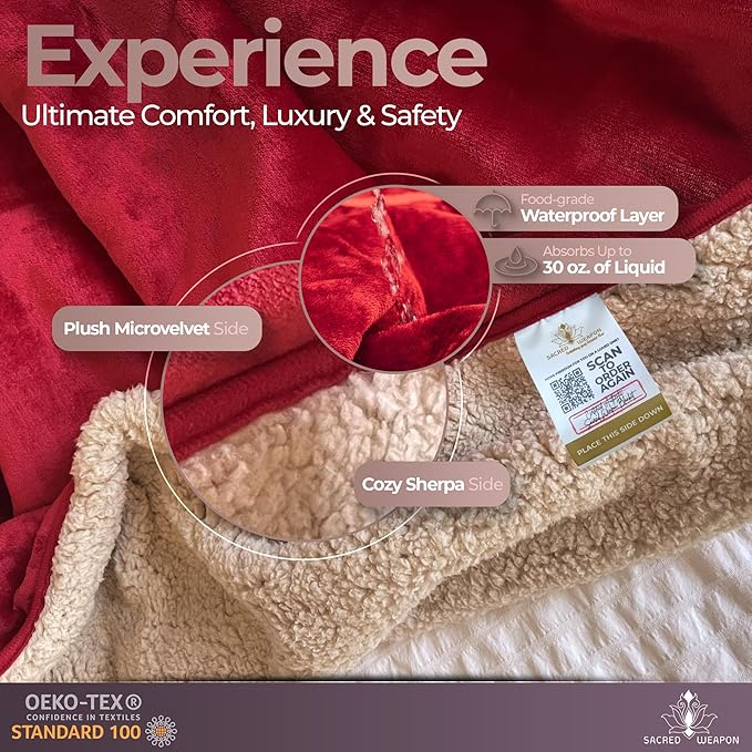 Sacred Weapon Waterproof Blanket for Bed 80″ x 50″ – Dual Sherpa & Micro-Velvet – This Love Blankets for Couples Waterproof are Washable & Dryer Safe – Dark Red Water Proof Blanket for Couch