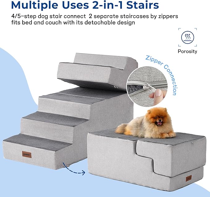 Dog Steps for High Beds - Extra Wide Dog Stairs 2 in 1 with Zippers Suitable for Small Dogs, Foam Pet Stairs with Non Slip Bottom Grey 5 Steps, Grey