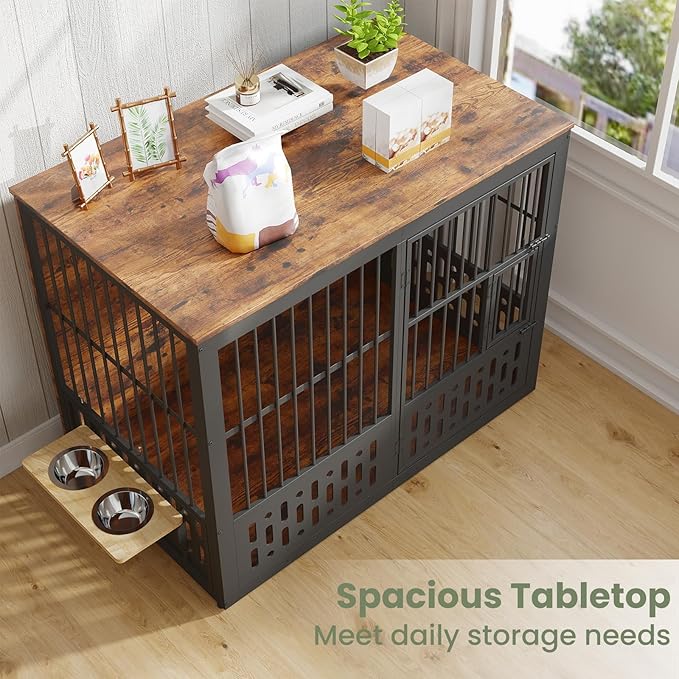 48 Inch XXL Dog Crate Furniture, Wooden Chewproof Dog Kennel with Interactive Window, 360° Adjustable Bowls (5 Heights), Storage Table Top, Heavy Duty XL Dog Crate for Medium Large Dogs, Brown