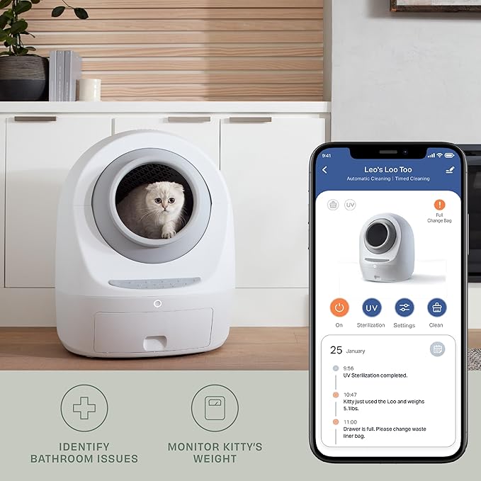 Casa Leo Leo’s Loo Too Self-Cleaning Cat Litter Box, Wi-Fi App Control, <30 dB Whisper-Soft, Anti-Pinch Sensors, UV Odor Defense, Health Monitoring, Large 24 × 22 × 27.6 in