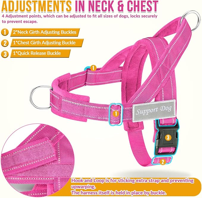 SlowTon No Pull Dog Harness - Heavy Duty Dog Harness and Leash Set for Medium Large Dogs, Reflective Tactical Harness with Soft Padded and Front Clip for Easy Walk and Training (Fuchsia S)