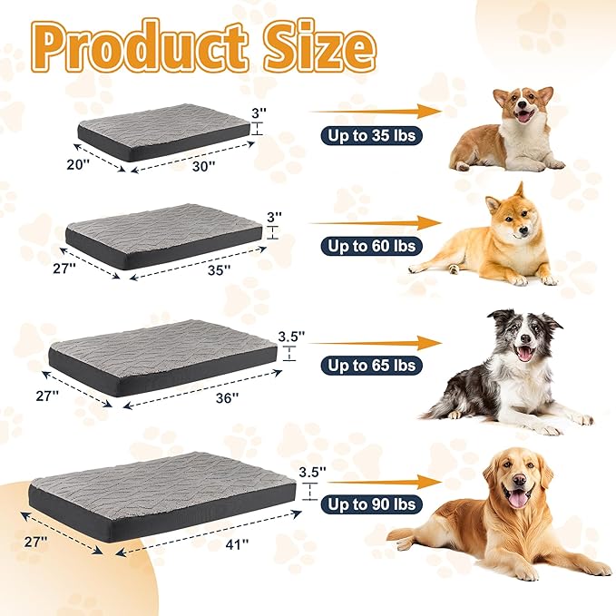 Orthopedic XL Dog Crate Bed - Waterproof Memory Foam Dog Mattress for Large Dogs, Plush Washable Cover & Non-Slip Bottom, Fits Kennels & Pet Crates, 41"x27" Grey