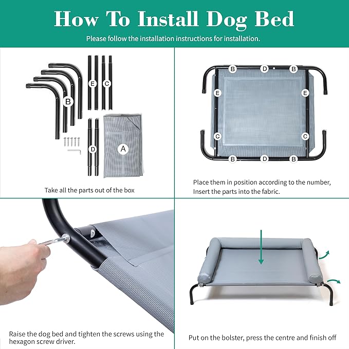 Cooling Elevated Dog Bed with Pillows,Portable Washable Raised Dog Cot with Chew Proof Mesh and Metal Frame,No-Slip Rubber Feet for Indoor & Outdoor Use,Large,Gray