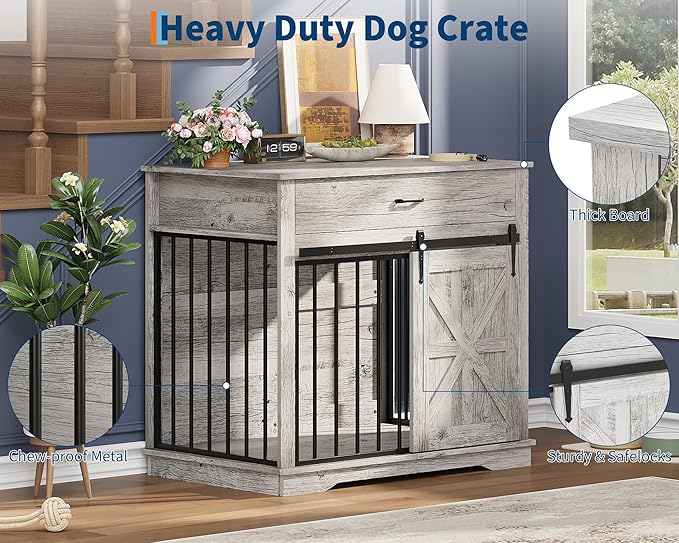 37.8" Dog Crate Furniture for Small Medium Dogs, 2-in-1 Iron-Wood Fusion Dog Cage Indoor As Side End Table, Farmhouse Dogs Kennel with Sliding Barn Doors & Drawer, Grey