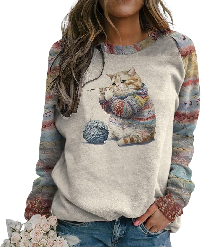 IVERIRMIN Womens 3D Cat Crewneck Sweatshirts Casual Cute Long Sleeve Shirts Pullover Tops Graphic Loose Fit Sweater for Women